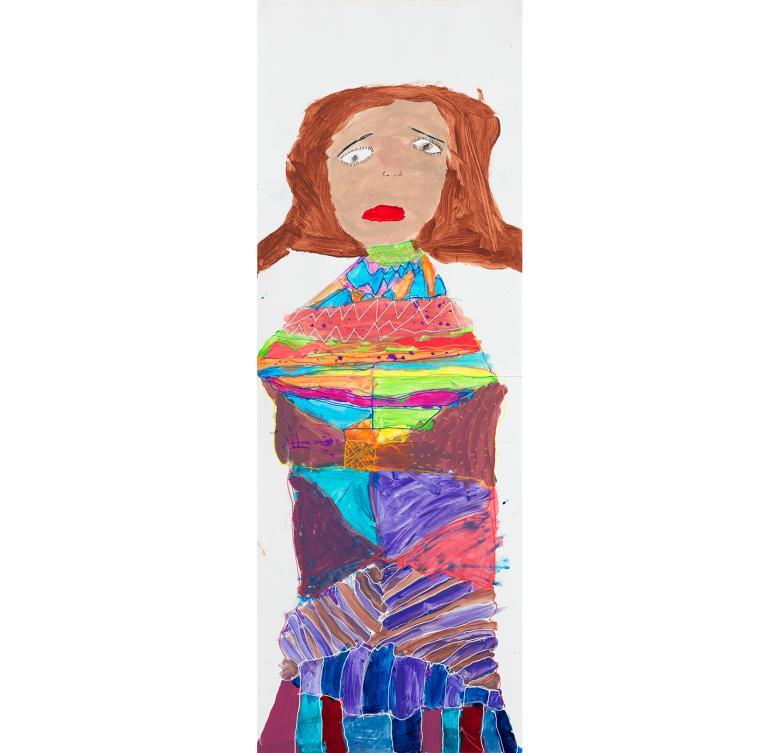 Drawing of a girl with a long multi-coloured and patterned dress.