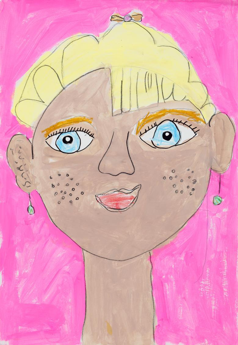 Drawing of a girl with blonde hair and earrings on a pink background.