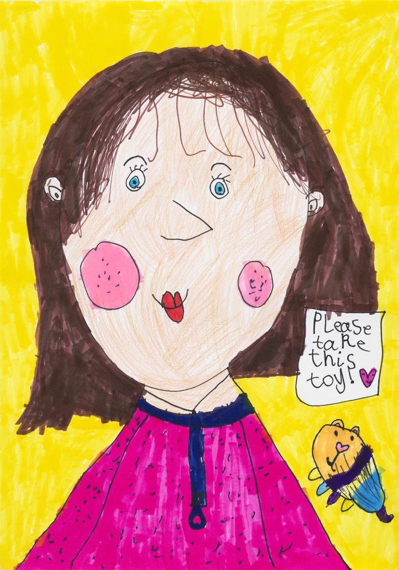 A drawing of a girl with rosy cheeks on a yellow background 