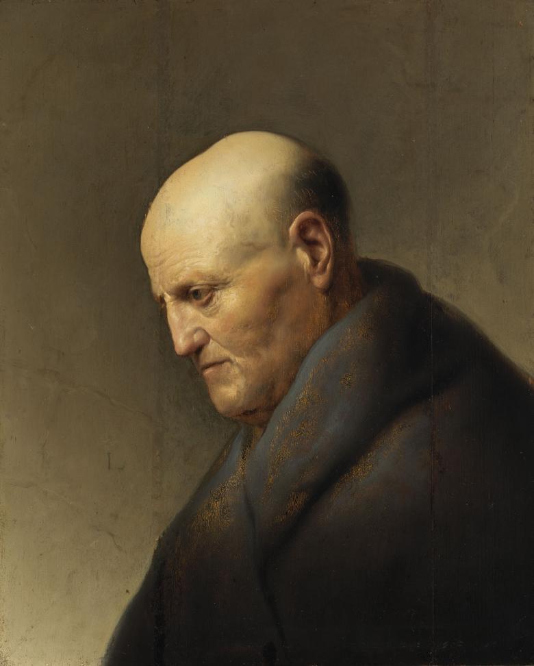 An oil painting showing an older man in profile. He wears a cloak, and his eyes are cast downwards.