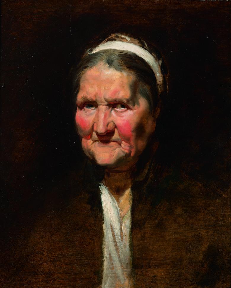 A quarter length portrait of an older woman. She gazes at the viewer; her cheeks are slightly reddened and she wears a white band in her grey hair.