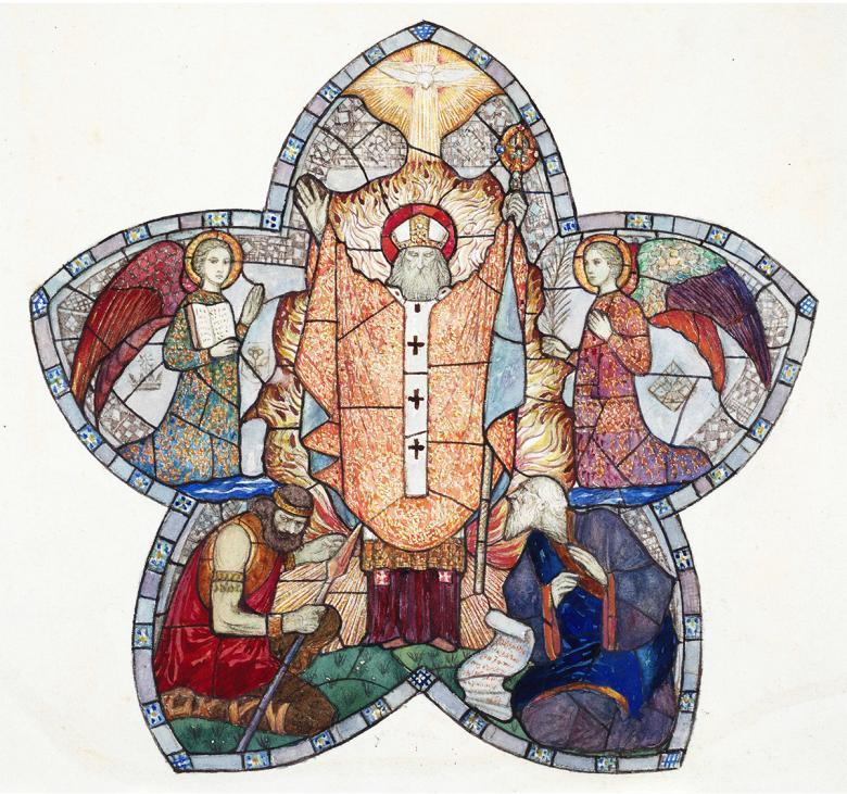 Watercolour image of a stained glass window of St Patrick in an orange robe with outstretched arms surrounded by angels and other saints