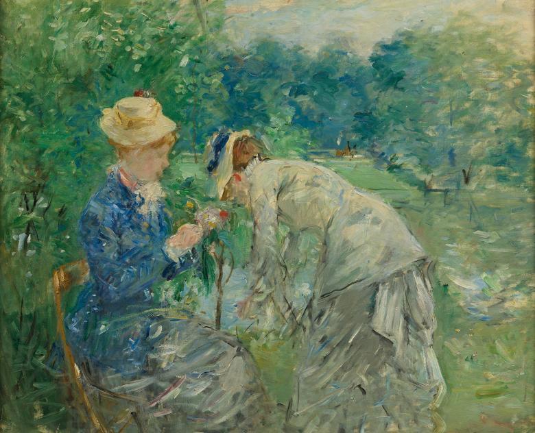 An impressionistic painting showing two women in a leafy park. Both wear hats. One, dressed in a blue jacket, sits on a chair. The other bends down tending to some flowers.