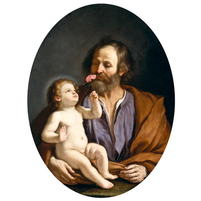 Painting of a man with a beard, wearing a purple shirt and brown robe, holding a baby who is holding a pink rose.