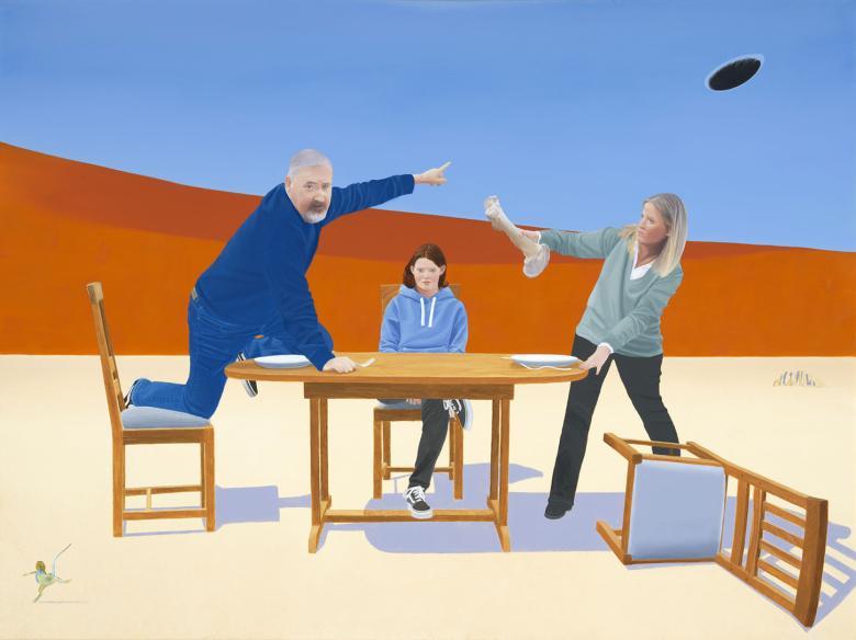 A family of three sit around a dining table in a stark landscape (sand, orange hills, bright blue sky). The woman wields a bone, picked clean. Her chair has fallen over. The man climbs on the table pointing at a black hole in the sky. The teenager sits, looking glum.