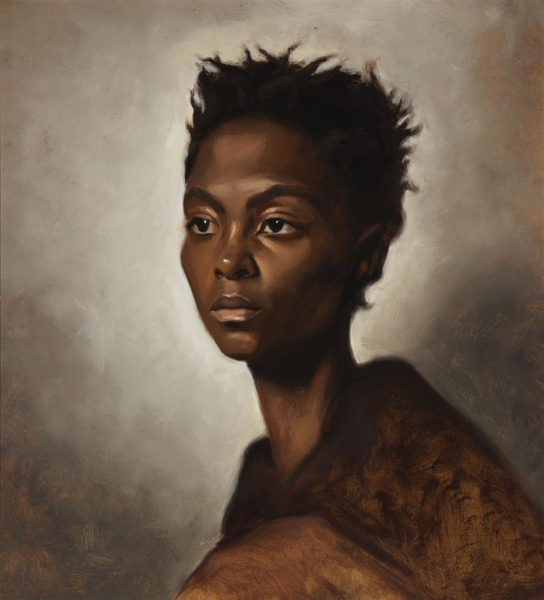 A head and shoulders portrait of a woman. She has short hair, and a sombre expression, and is looking into the distance, to the left of the frame. 