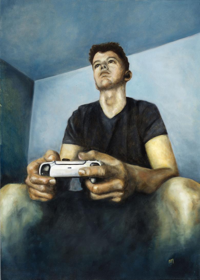 A portait of a young man, playing a computer game. His hands and controller are the focus of the composition.