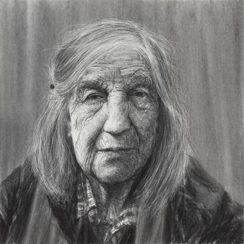 A charcoal drawing of a woman, looking directly at the viewer. Her long hair falls over one shoulder, and she wears a checked shirt under a jacket. 