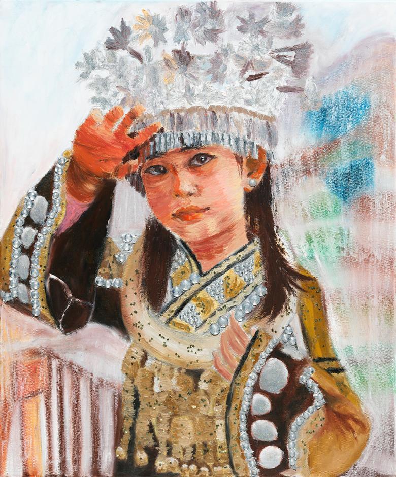 Painting of a young girl in traditional Chinese dress and headdress.