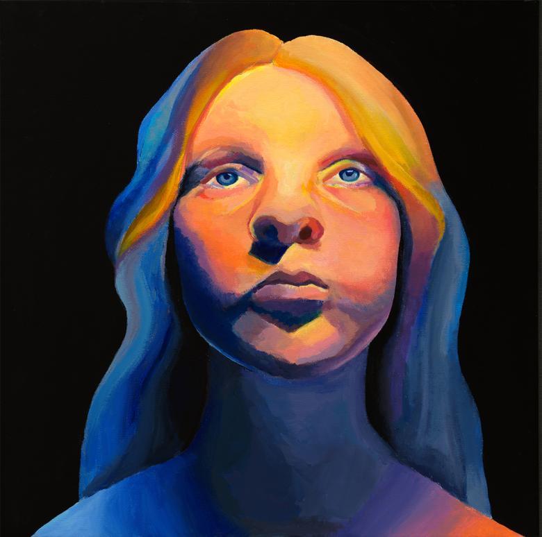 Painting of a young girl with blonde hair on a black background.