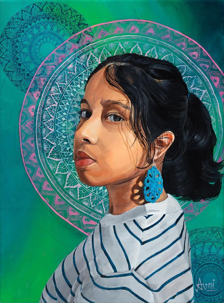 Portrait of a young girl with dark brown hair and a striped top, looking over her shoulder against a mandela patterned background.