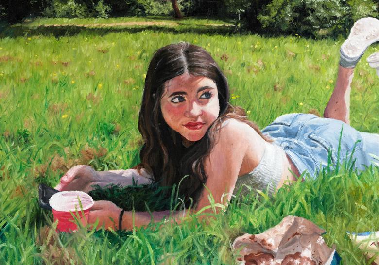 Painting of a young girl with dark brown hair and denim shorts, lying on the grass. 