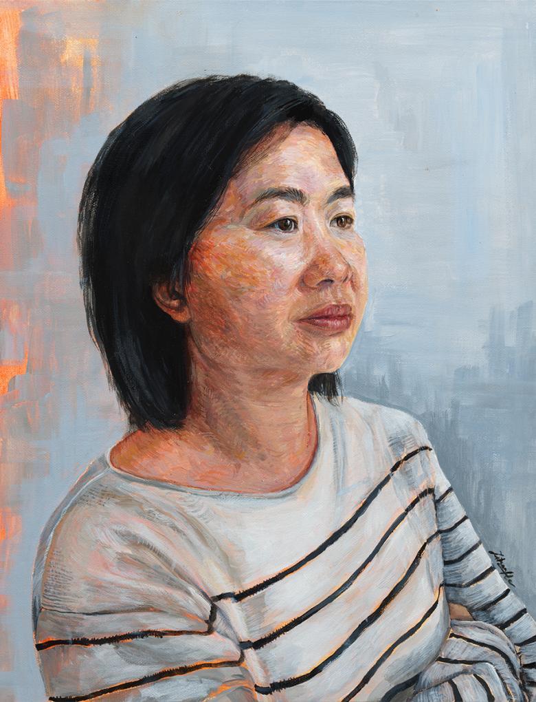 Painting of a female figure with short dark hair and a black and white striped top.