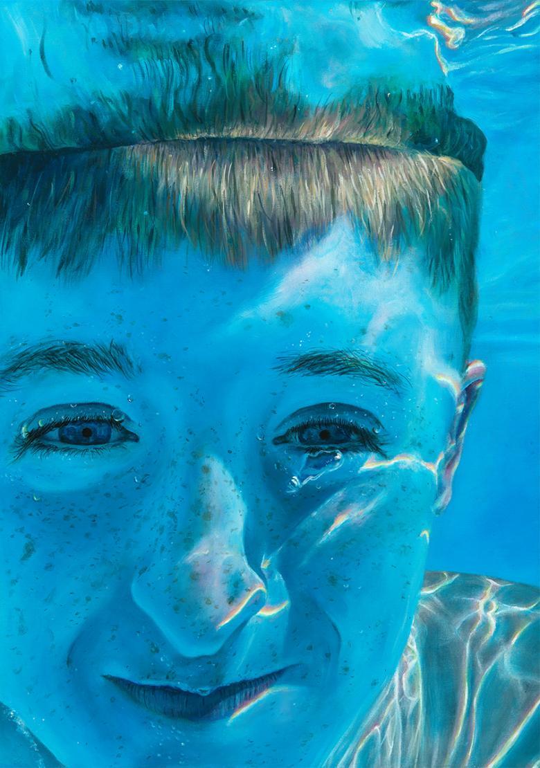 Painting of a young boy underwater.