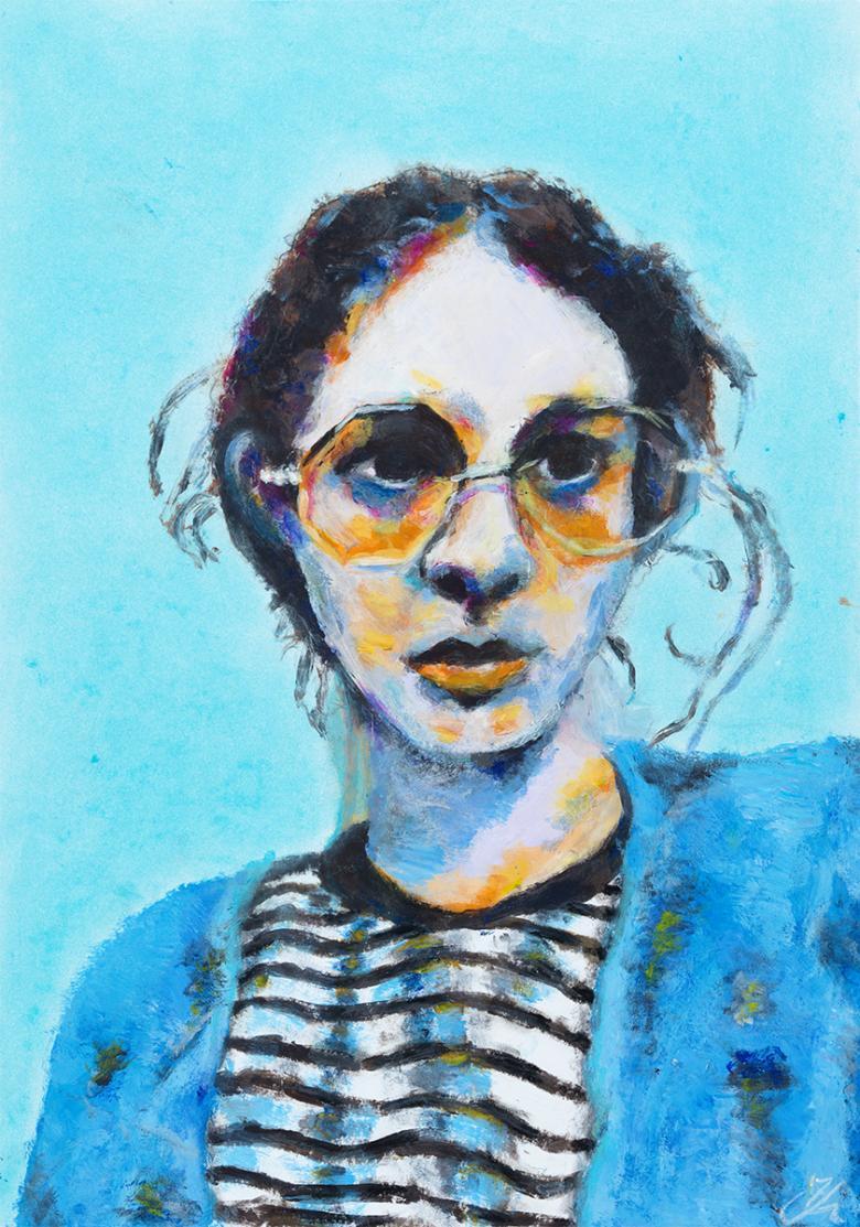Painting of a young girl with round glasses and a black and white striped top.