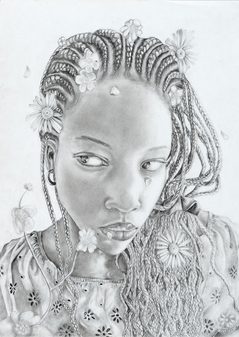 Black and white drawing of a young girl with braids that are full of flowers.