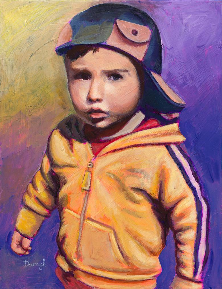 Painting of a young child wearing a baseball cape and yellow hooded top.