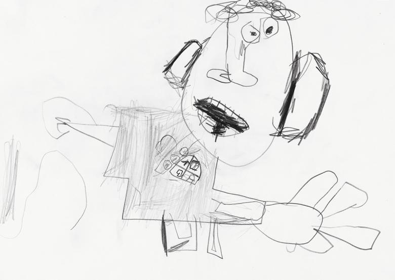Child's drawing of a man in pencil on white paper