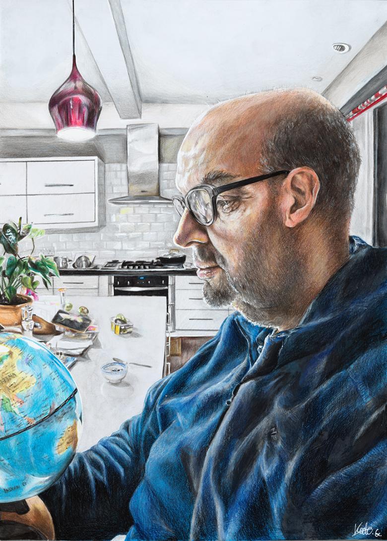 Painting of a male figure in profile, wearing black glasses, a blue top and holding a globe in a kitchen.