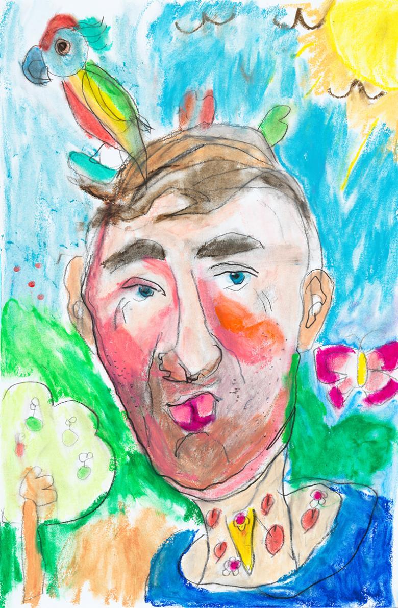 Child's painting of a man with a beard, standing outside with trees, flowers and a parrot