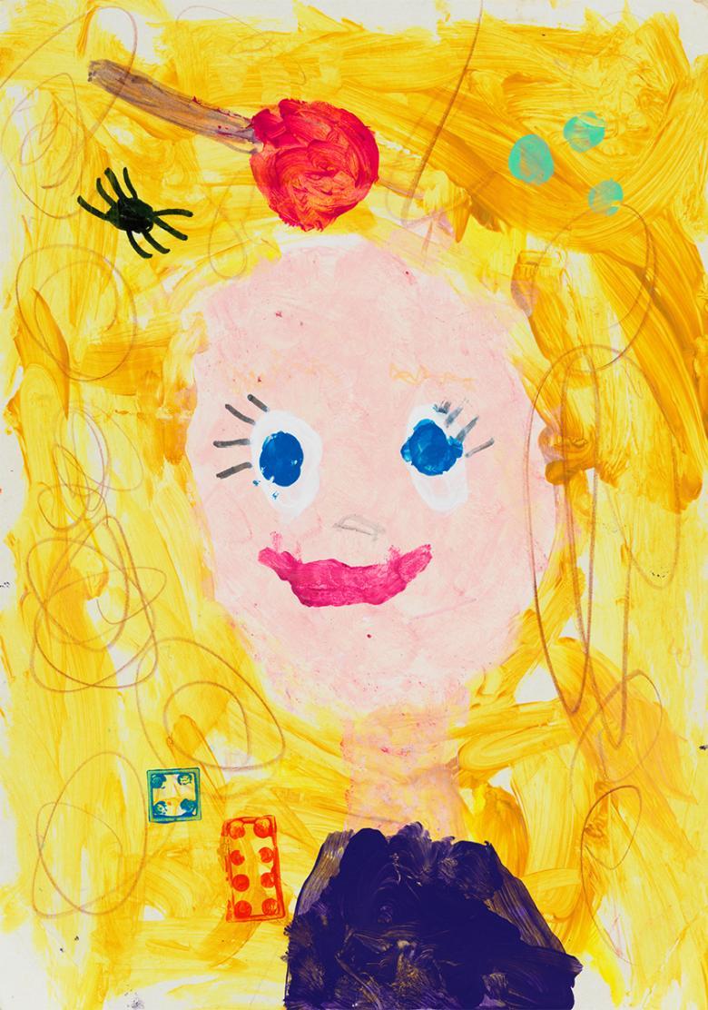 Children's painting of a child with blonde hair with a lollipop, spider and lego bricks stuck amongst it.