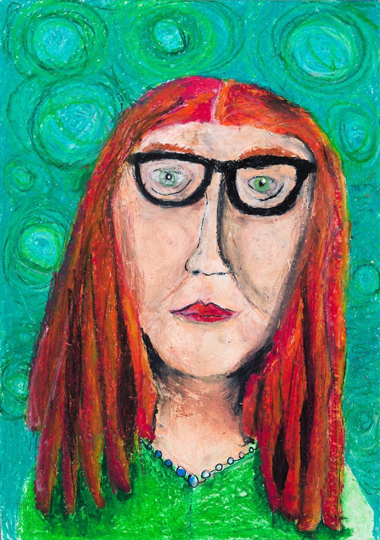 Painting of a female figure with red hair and black glasses in front of a background of blue swirls.