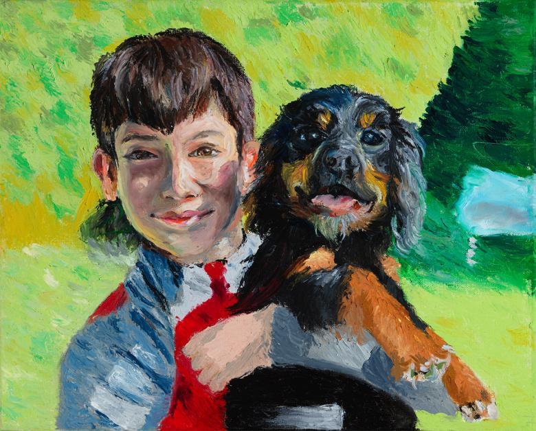 Painting of a young boy holding a black and brown dog.