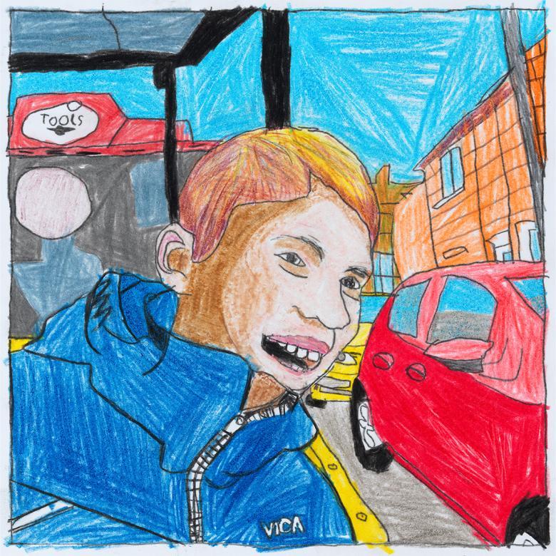 Drawing of a young boy in a blue jacket looking out the window of a bus.