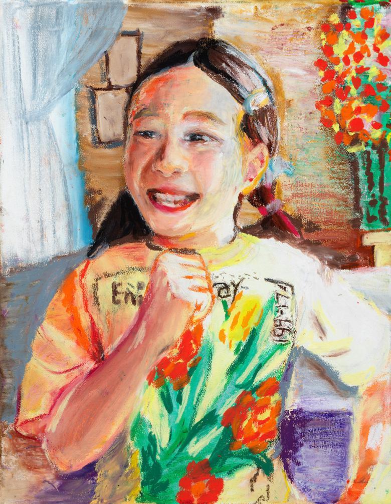 Drawing of a young girl with dark brown hair and an orange t-shirt,