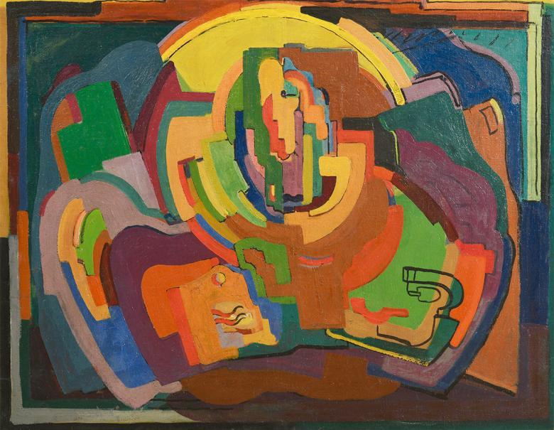 Cubist painting featuring abstract shapes in yellow, green, orange and brown