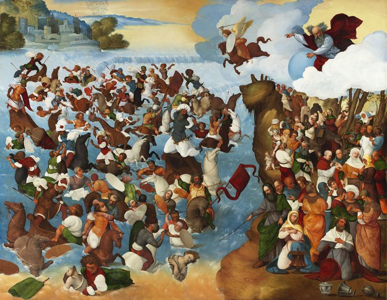 Large painting depicting the parting of the red sea, with numerous figures in a sea scape.