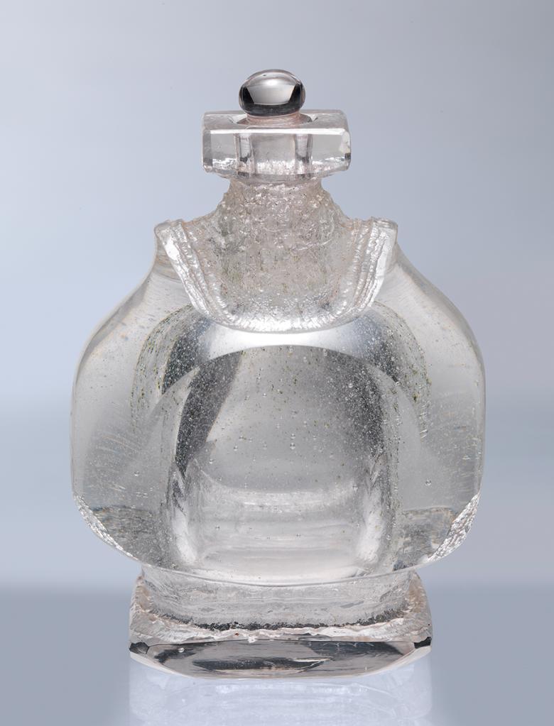 Rounded clear glass vase with a square neck and spherical stopper