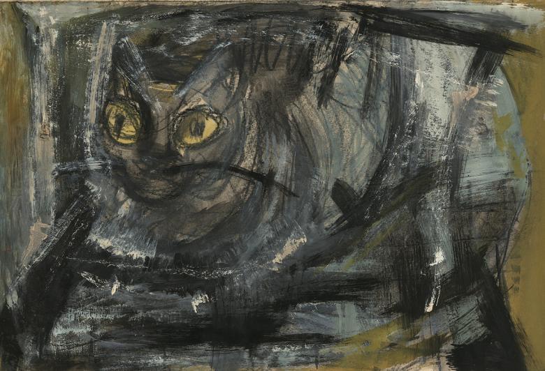 Painting of a grey and black cat