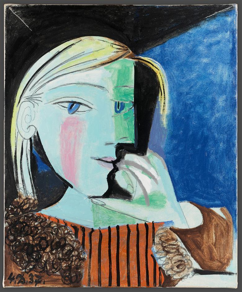 Cubist painting of a woman in green and blue, wearing a brown top.