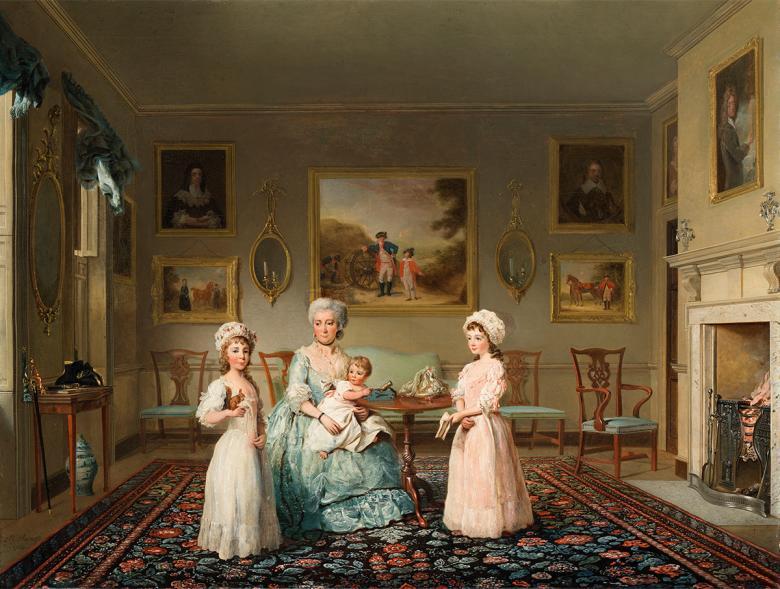 Painting of a woman in a blue Georgian style dress with three children. They are sitting in the middle of a grand sitting room.