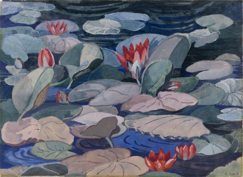 A gouache painting of waterlilies, floating. Red flowers peek up between the greenery