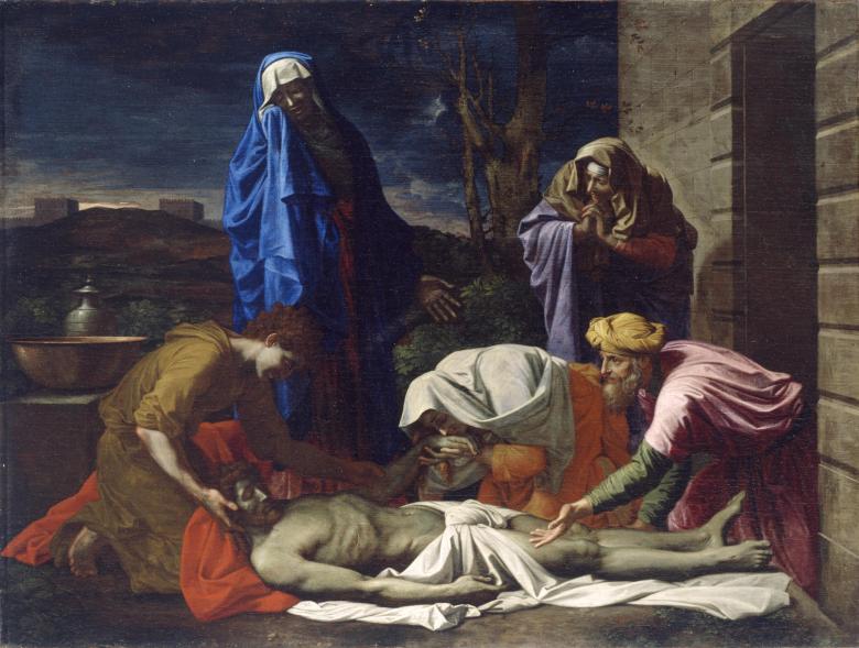 A group of five figures in brightly coloured robes surround the dead Christ, lying on a white cloth.