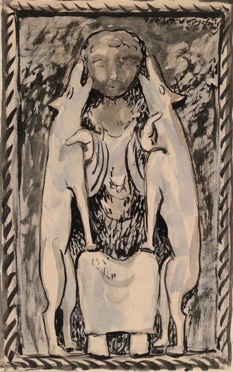 A drawing of a seated figure flanked by two animals whose heads are touching his.