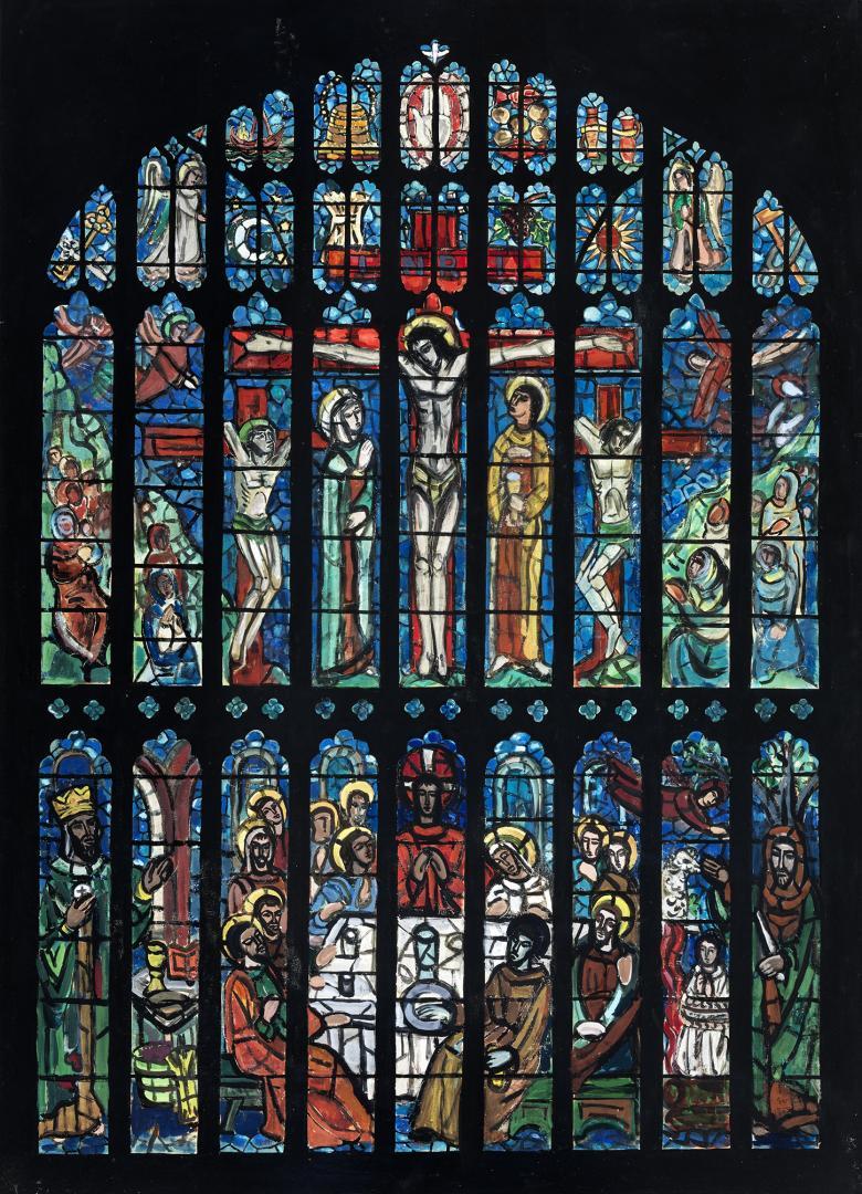 A watercolour cartoon of a stained glass design featuring biblical scenes.