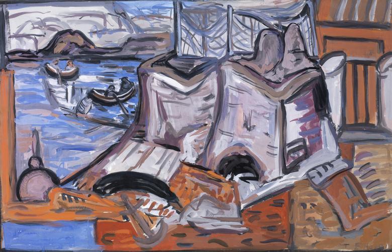 An abstract composition featuring blues, greys, browns and oranges.