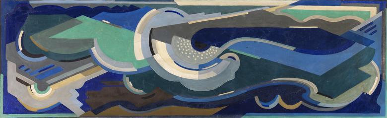 An abstract painting with blue, green, brown and cream colours