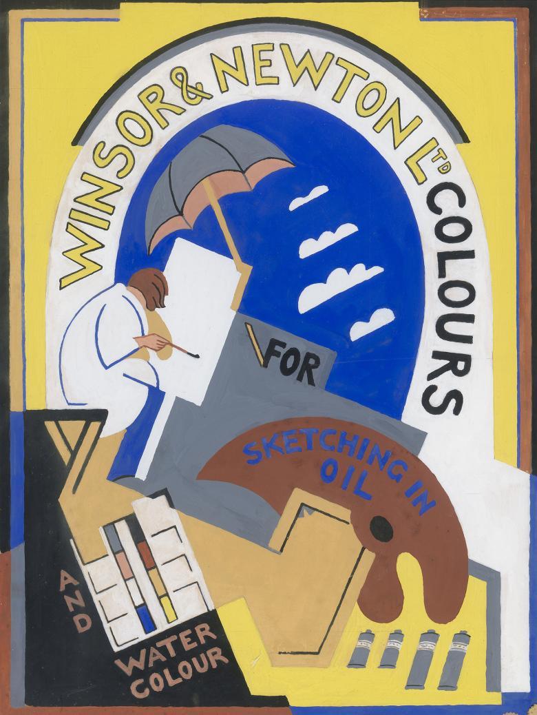 A poster for Winsor and Newton Colours featuring text and drawings, including a figure painting, an umbrella, an easel and a watercolour palette.  