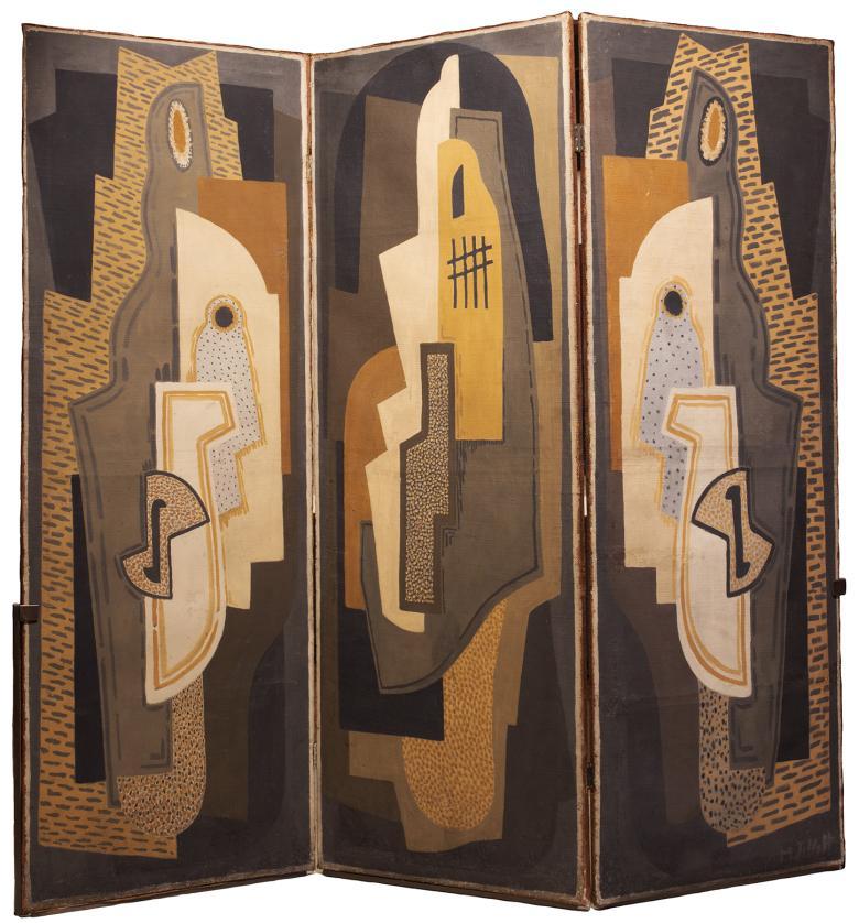 A screen with three folds, each featuring different abstract designs in brown, yellow, gold and grey