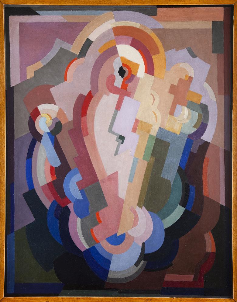 An abstract composition with blue, yellow, pink, green and cream colours