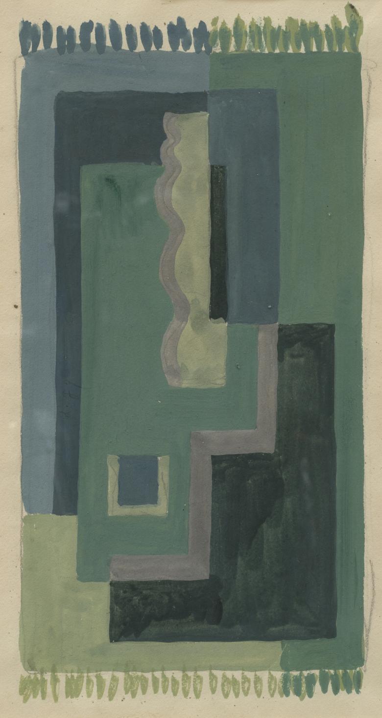 A carpet design featuring shapes in blue, green and black.