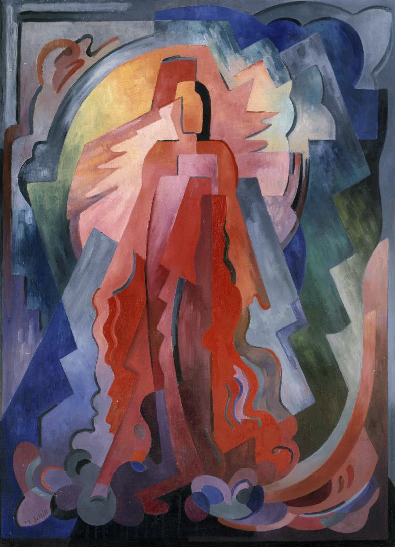 An abstract painting of a figure featuring red, pink, blue and green colours