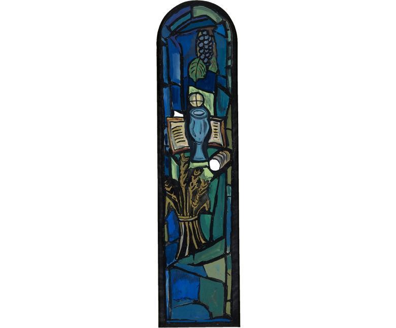 A gouache of a stained glass design featuring symbols of the eucharist.