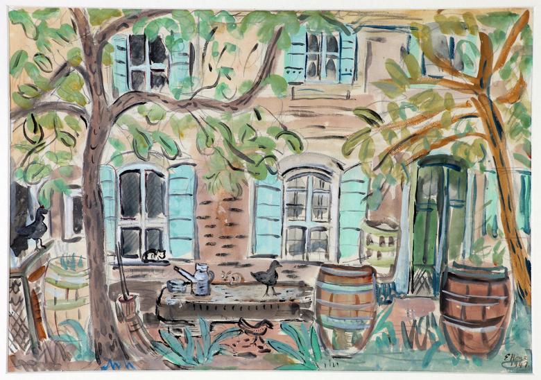 A watercolour of the exterior of a house with blue-green shutters, seen through leafy trees. A number of cats and birds are visible. 