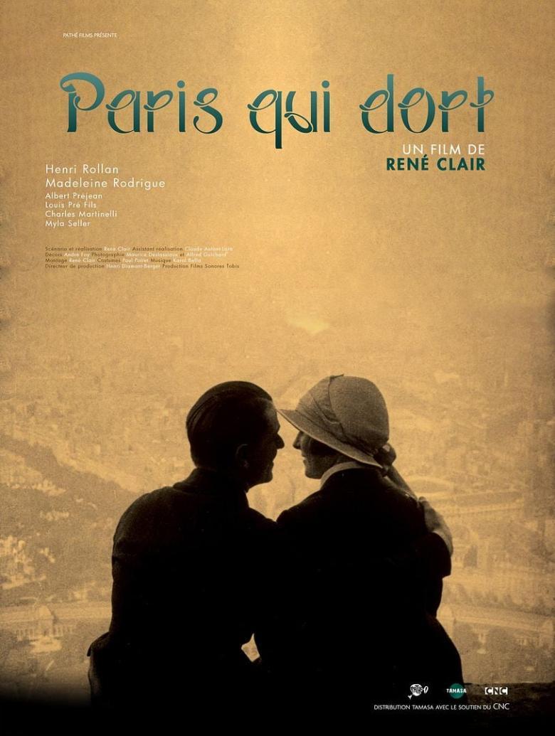 Two figures silhouetted against a city scape, with the words Paris qui dort above them 