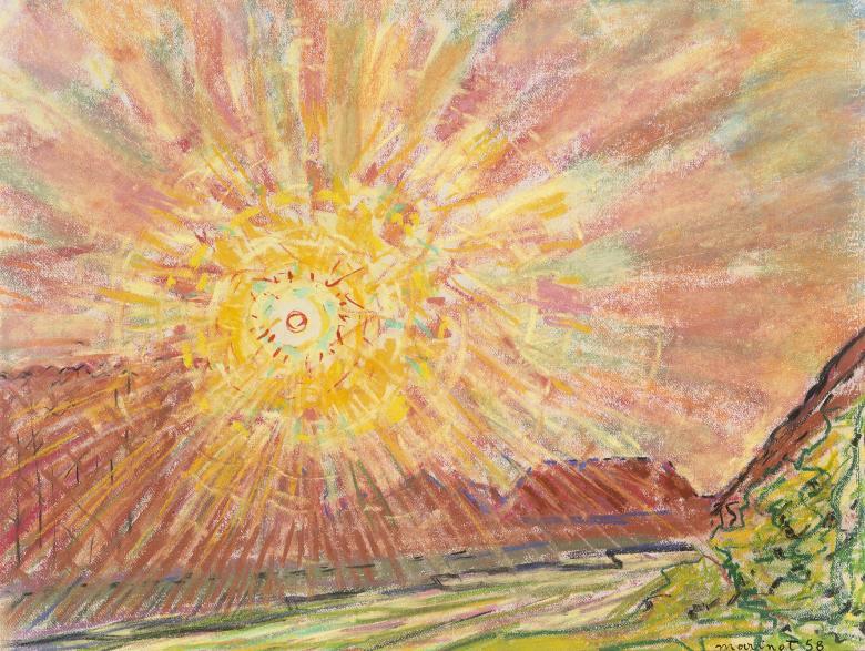 A drawing of the sun sinking below a mountain, The suns rays radiate out from the centre left of the drawings, in vibrant yellows and oranges.